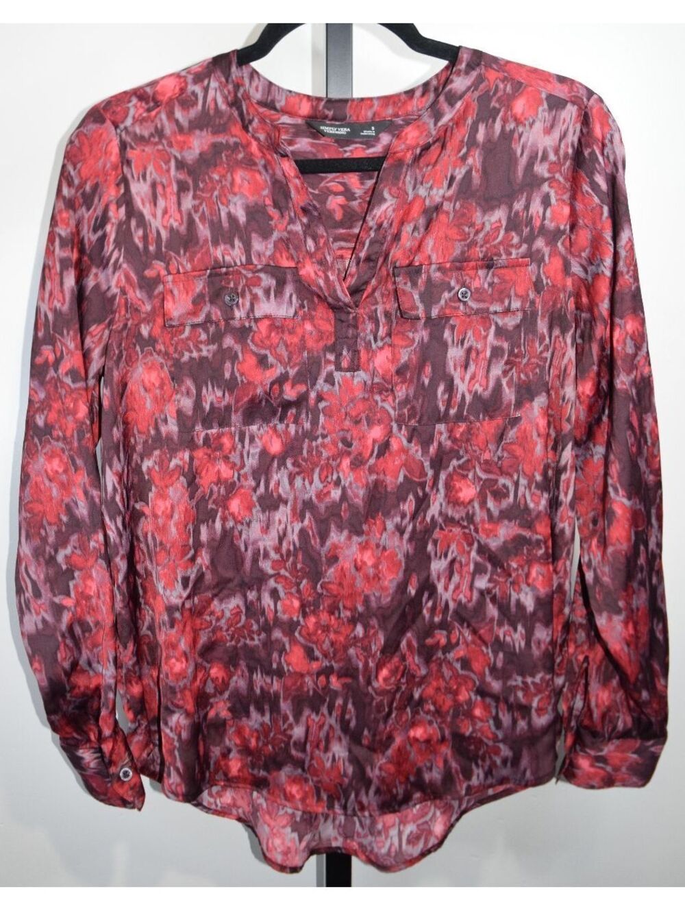 Simply Vera Vera Wang Red Floral Ikat Print Popover Blouse Long Sleeve Size S